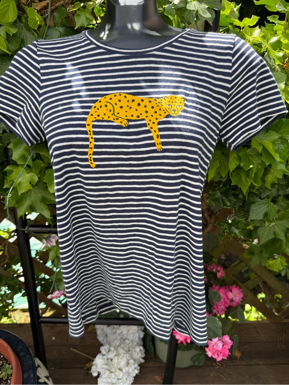 JCREW 🐱 CHEETAH 🐆 Navy Striped Tee animal print, cotton ⭐️ retro